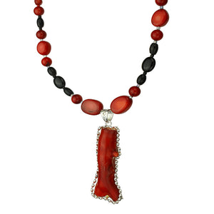 Red Bamboo Coral Focal Black Agate Stone Beads Necklace, 18 inches+2 inches Extender