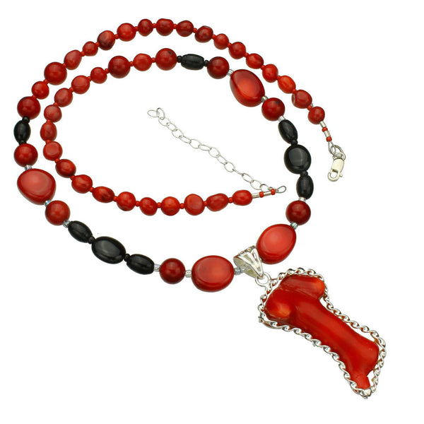 Red Bamboo Coral Focal Black Agate Stone Beads Necklace, 18 inches+2 inches Extender