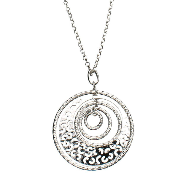 Sterling Silver Concentric Rings Laser Cut Filigree Pendant Cable Chain Necklace Italy 18 Inch