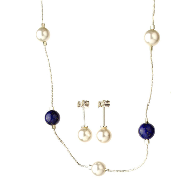 Sterling Silver Chain Necklace Set Crystal Simulated Pearls  Lapis Stone Station Scatter