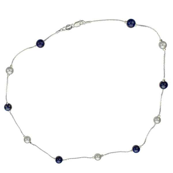 Sterling Silver Chain Necklace Crystal Simulated Pearls Lapis Stone Beads Station Scatter