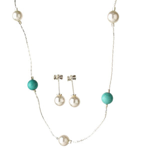 Sterling Silver Chain Station Scatter Necklace Set Crystal Simulated Pearl Simulated Turquoise Stone