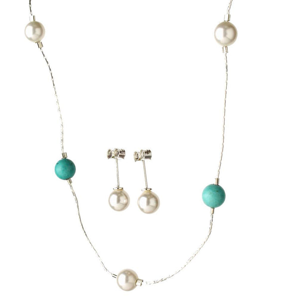 Sterling Silver Chain Station Scatter Necklace Set Crystal Simulated Pearl Simulated Turquoise Stone