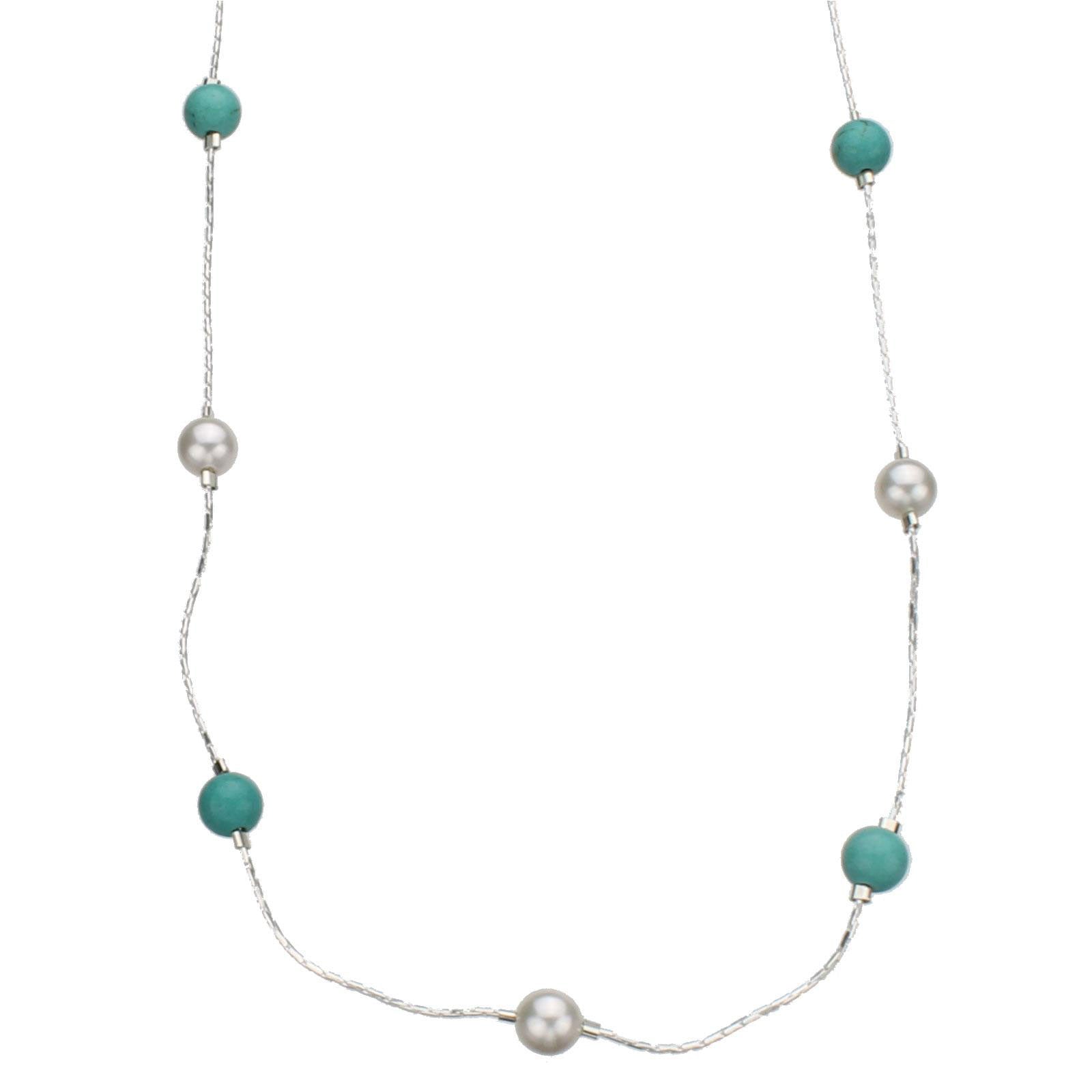 Sterling Silver Chain Station Scatter Necklace Crystal Simulated Pearl, Simulated Turquoise Stone