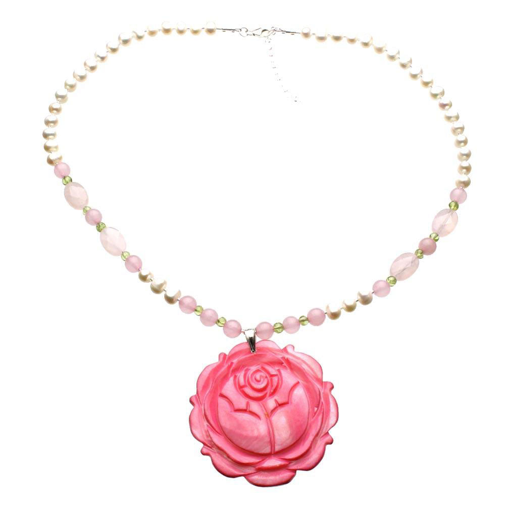 Mother-of-Pearl Rose Quartz Freshwater Cultured Pearls Necklace, 18 inches+2 inches Ext