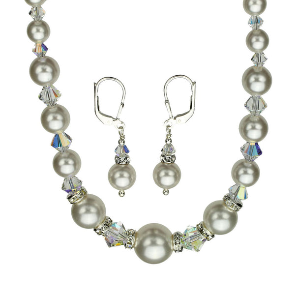 Simulated Pearls Sterling Silver Necklace Crystals, 16 inches+2 inches Earrings 