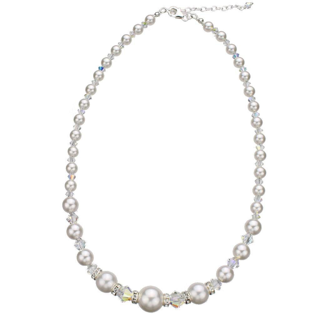 Crystal Simulated Pearls Sterling Silver Necklace 16 inches+2 inches Extender