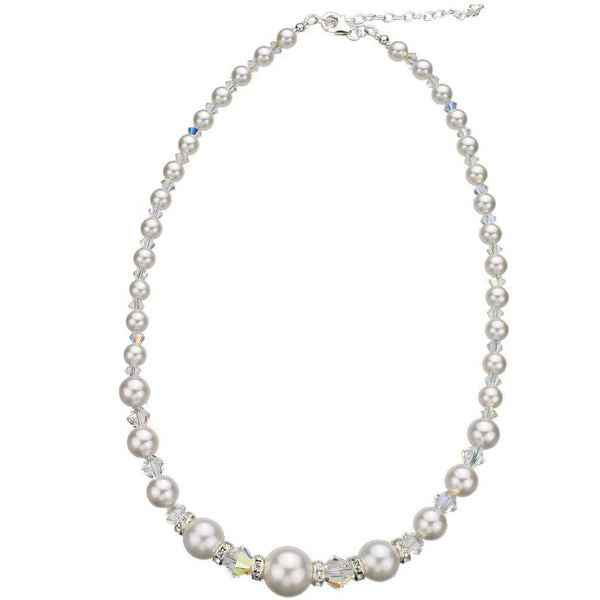 Simulated Pearls Sterling Silver Necklace Crystals, 16 inches+2 inches Earrings 
