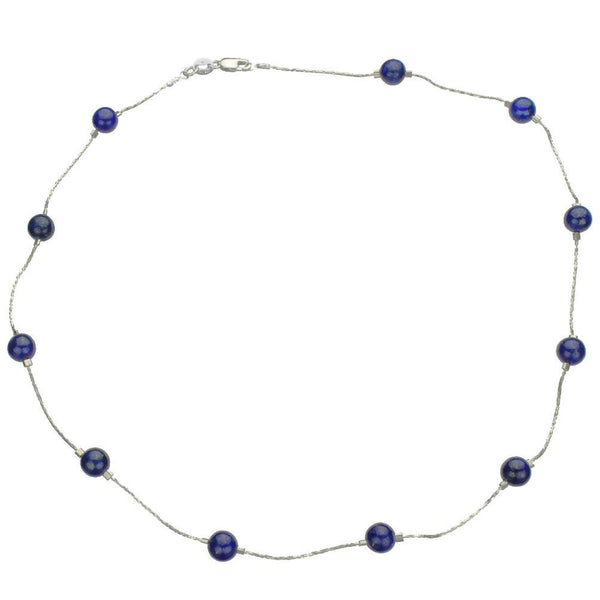 Blue Lapis Stone Beads Station Scatter Illusion Sterling Silver Chain Necklace