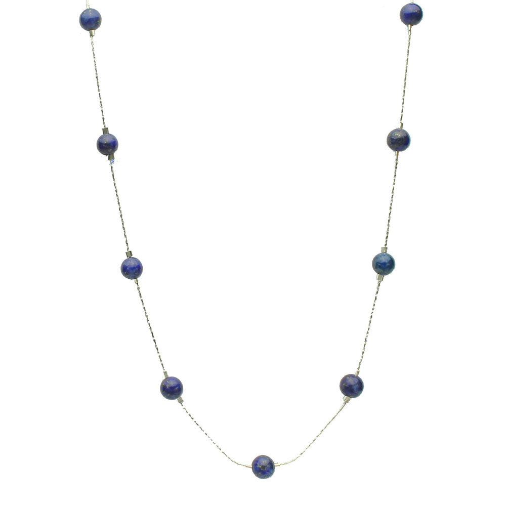 Blue Lapis Stone Beads Station Scatter Illusion Sterling Silver Chain Necklace