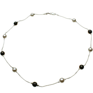 Sterling Silver Chain Necklace, Crystal Simulated Pearls Onyx Stone Beads Station Scatter