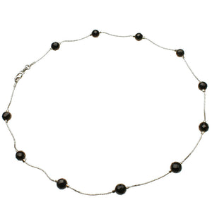 Black Onyx Stone Beads Station Illusion Scatter Sterling Silver Chain Necklace