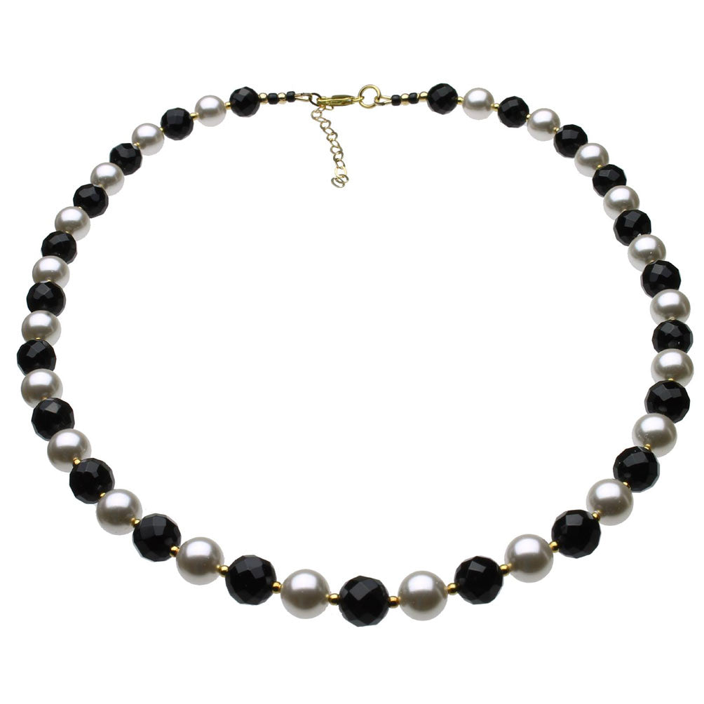 8mm Faceted Black Onyx Crystal Simulated Pearls Sterling Silver Necklace, 18 inches+2 inches Ext