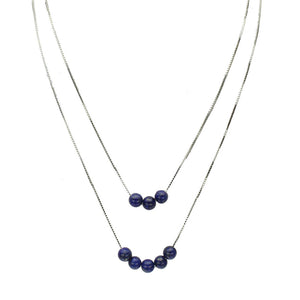2-Strand Blue Lapis Stone Beads Floating Sterling Silver Box Chain Necklace Adjustable