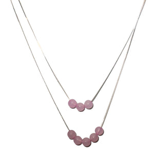 2-Strand Rose Quartz Stone Beads Floating Sterling Silver Box Chain Necklace Adjustable
