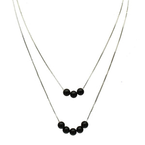 2-Strand Black Onyx Stone Beads Floating Sterling Silver Box Chain Necklace Adjustable
