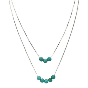 2-Strand Simulated Turquoise Stone Beads Floating Sterling Silver Box Chain Necklace