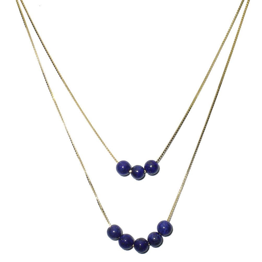 2-Strand Blue Lapis Stone Floating 18k Gold-Flashed Sterling Silver Box Chain Necklace