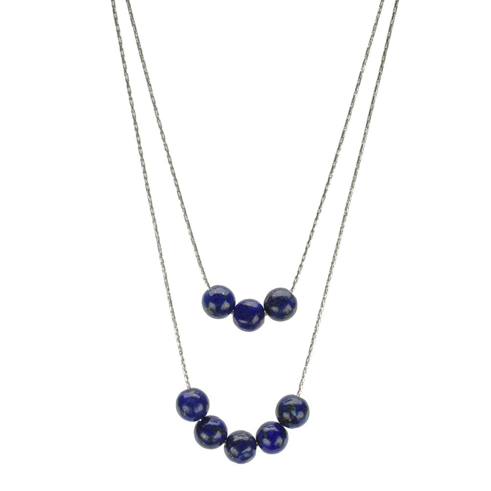 2-Strand Blue Lapis Stone Floating Sterling Silver Chain Necklace