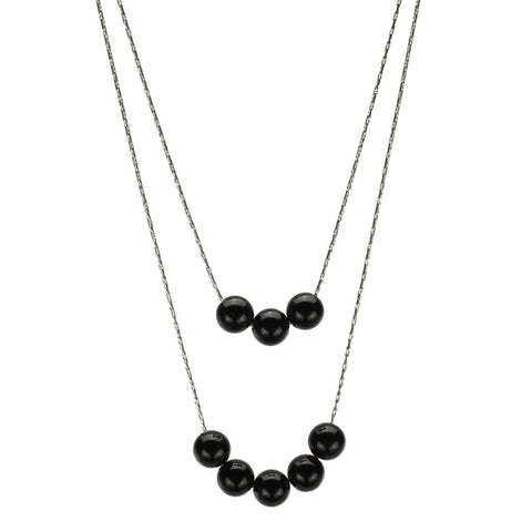 2-Strand Black Onyx Stone Floating Sterling Silver Chain Necklace