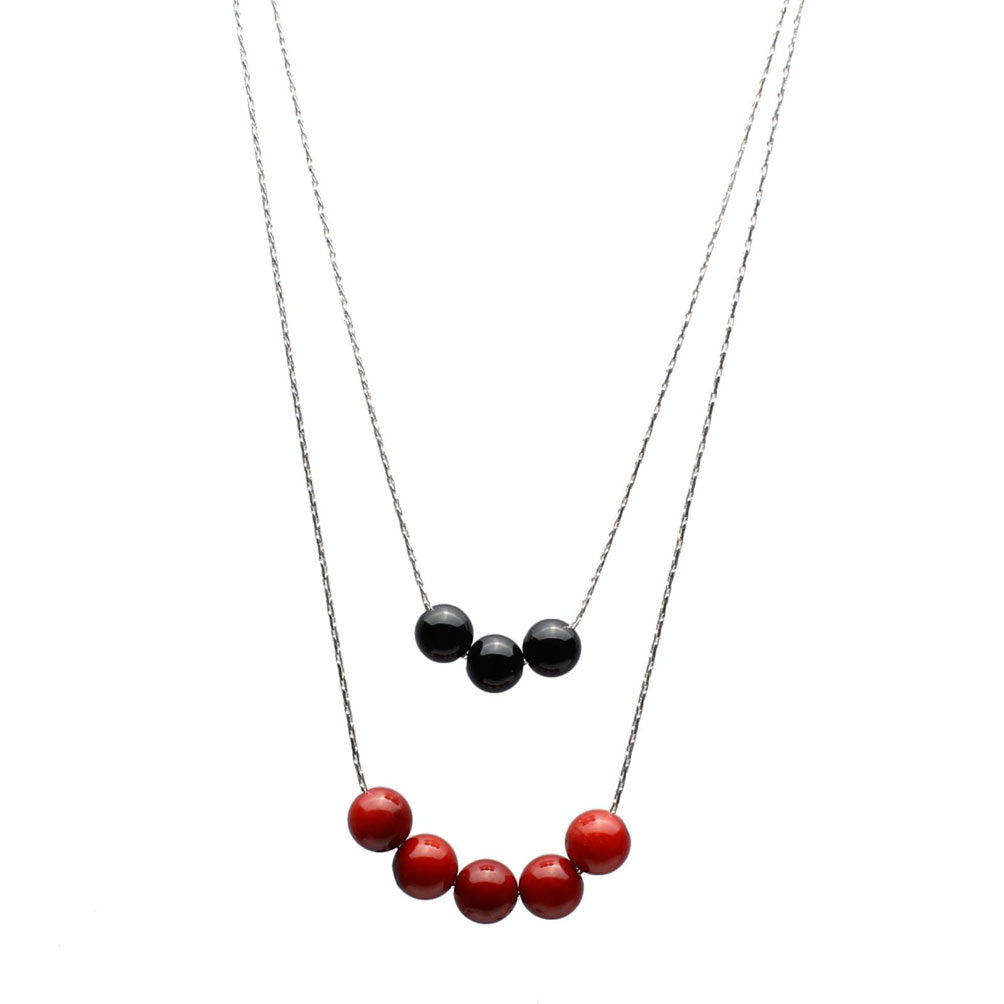 2-Strand Black Onyx, Red Bamboo Coral Floating Sterling Silver Chain Necklace