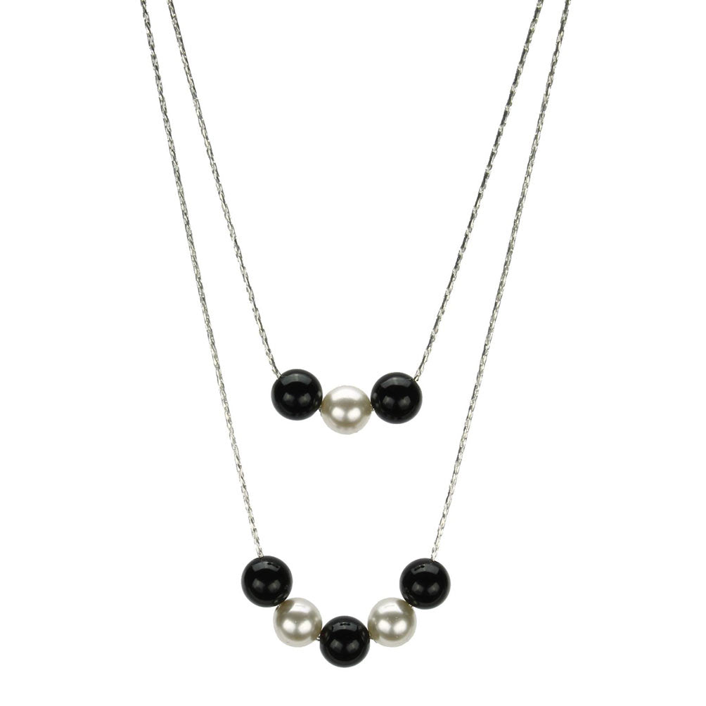 2-Strand Black Onyx, Crystal Simulated Pearls Floating Sterling Silver Chain Necklace