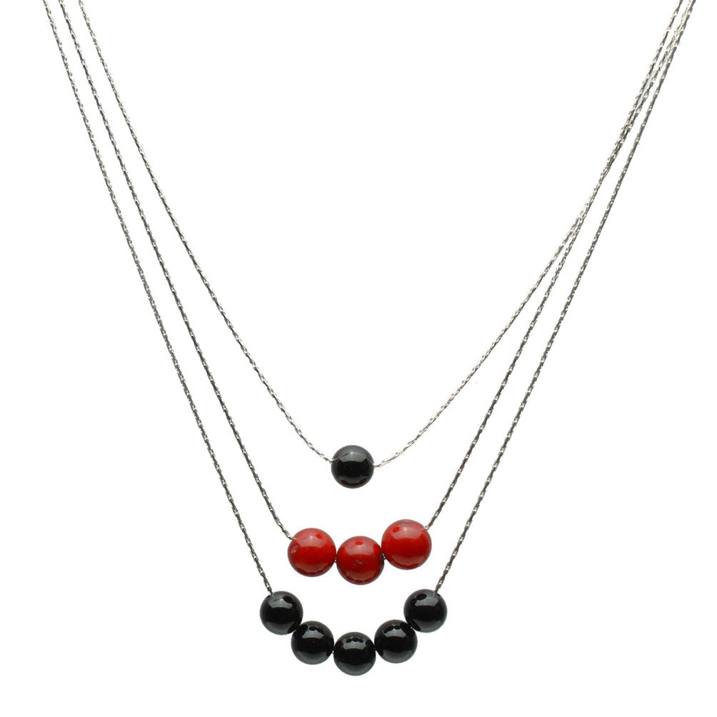 3-Strand Black Onyx, Red Bamboo Coral Sterling Silver Chain Necklace 16 inches+2 inches