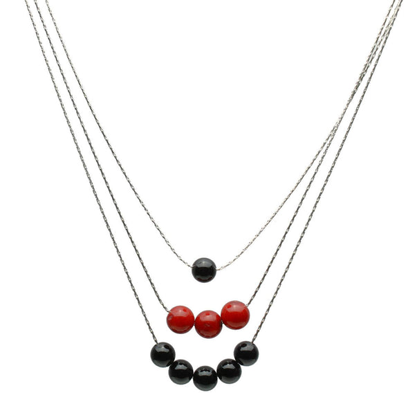 3-Strand Black Onyx, Red Bamboo Coral Sterling Silver Chain Necklace 16 inches+2 inches