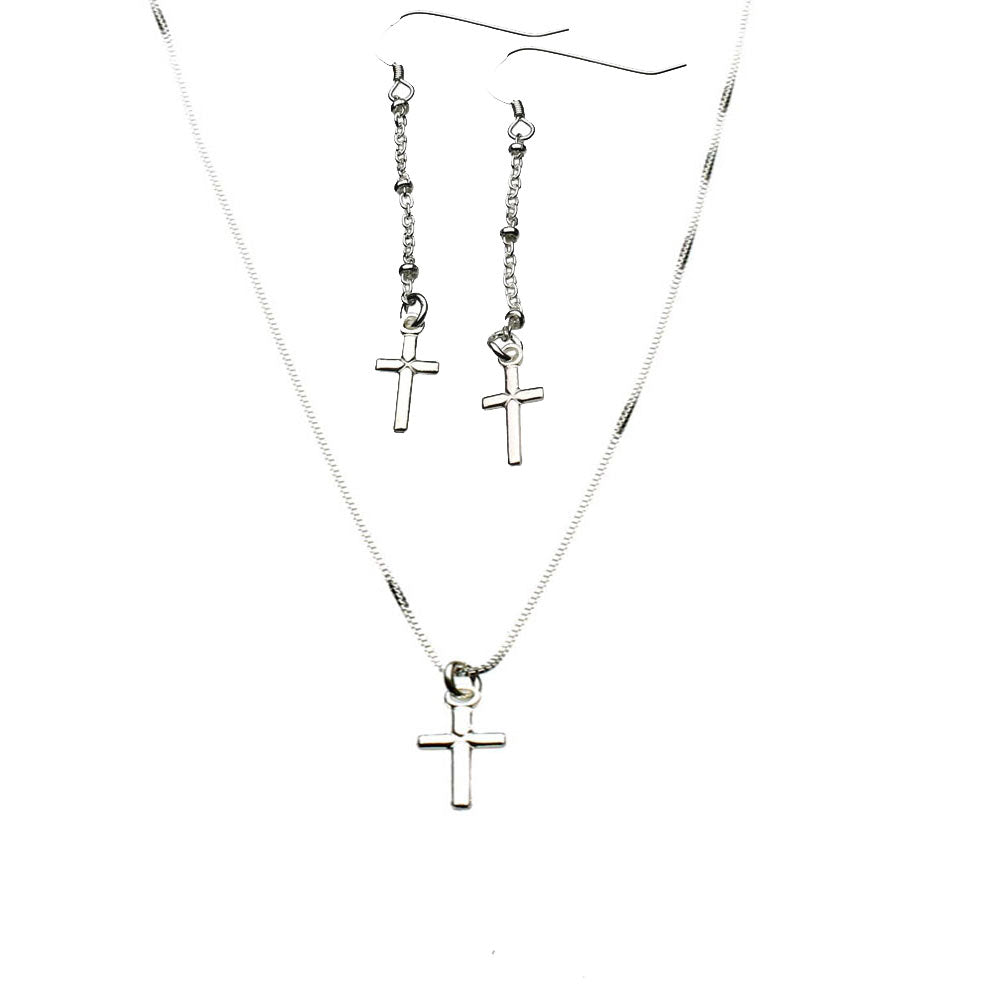 Sterling Silver Tiny Cross Charm Box Chain, Cable Station Dangle Earrings Necklace Italy