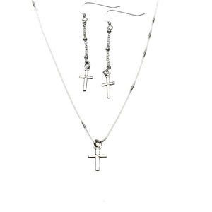 Sterling Silver Tiny Cross Charm Box Chain, Cable Station Dangle Earrings Necklace Italy