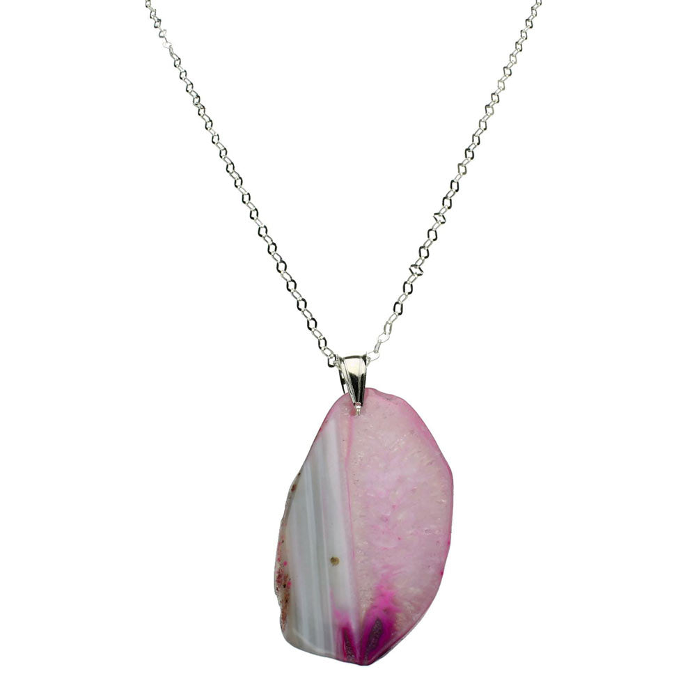 Pink Agate Slice Pendant Flat Link Sterling Silver Chain Necklace 30 inch