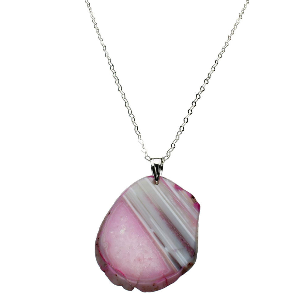 Pink Agate Slice Pendant Flat Link Sterling Silver Chain Necklace 30 inch