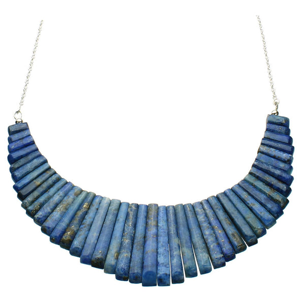 Blue Lapis Stone Fan Dagger Bib Sterling Silver Cable Chain Necklace 18 Inch