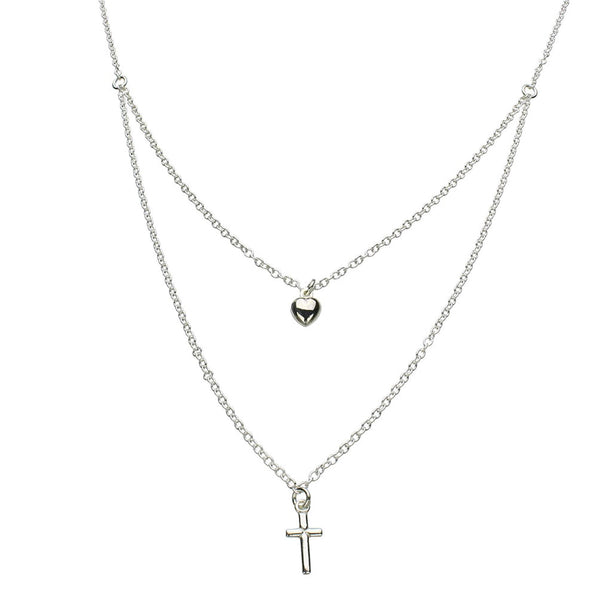 Sterling Silver One-to-two Strand Tiny Cross Heart Charm Cable Chain Necklace Italy 16 Inch