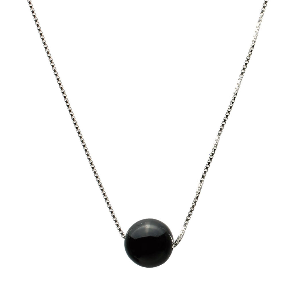 Floating Round 10mm Black Onyx Stone Station Sterling Silver Box Chain Necklace Adjustable