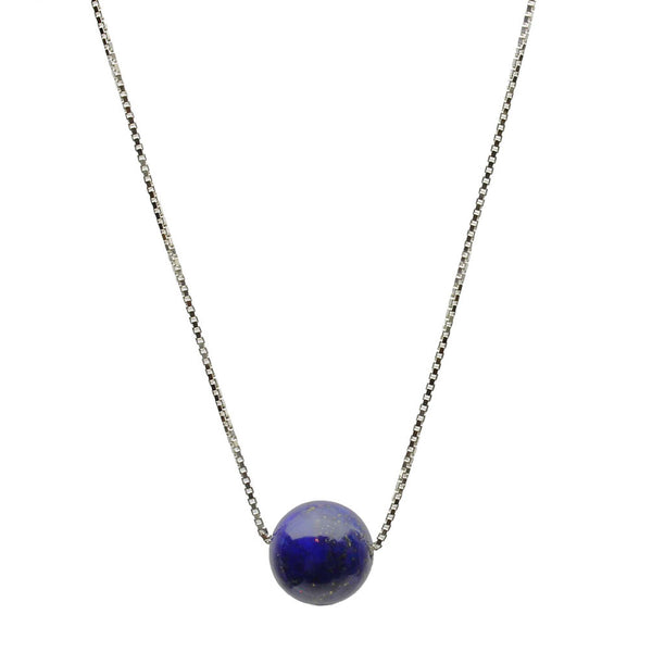 Floating Round 10mm Blue Lapis Stone Station Sterling Silver Box Chain Necklace Adjustable