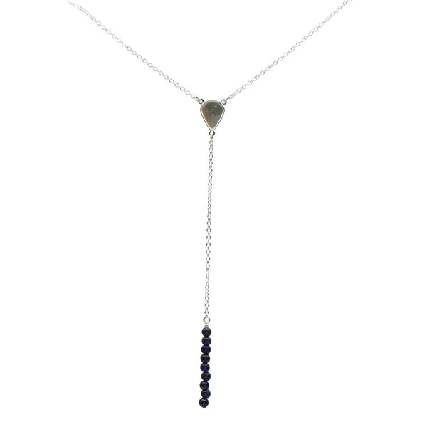 Sterling Silver Blue Lapis Stone Beads Bar Linear Drop Y-Shaped Cable Necklace, 19 inches+2 inches Extender