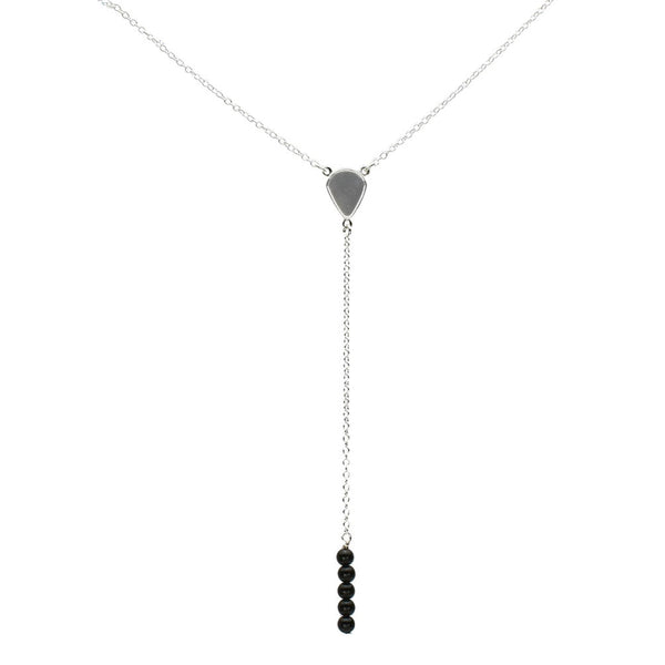 Sterling Silver Black Onyx Stone Beads Bar Linear Drop Y-Shaped Cable Necklace, 19 inches+2 inches Extender