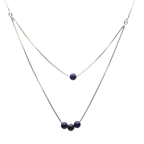 One-to-Two Strand Blue Lapis Stone Beads Sterling Silver Box Chain Necklace, 17 inches+2 inches Extender