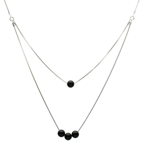 One-to-Two Strand Black Onyx Stone Beads Sterling Silver Box Chain Necklace, 17 inches+2 inches Extender