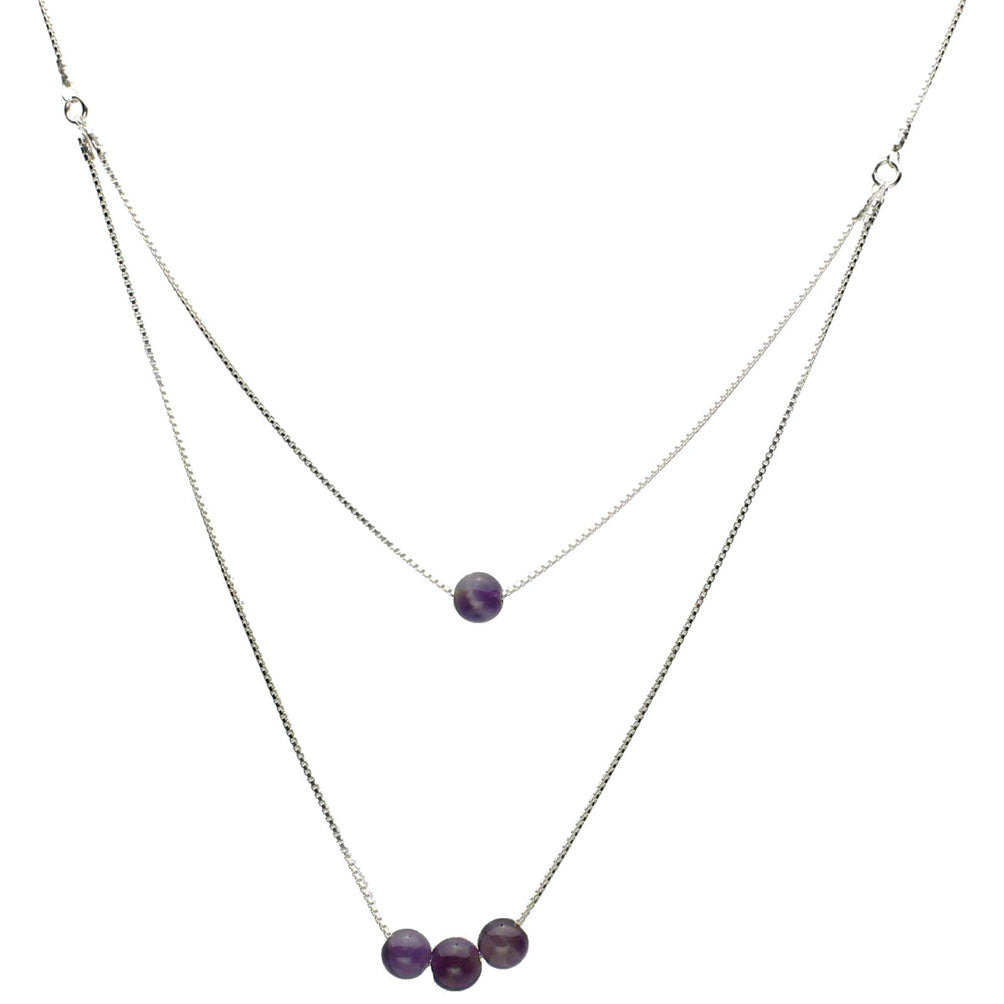 One-to-Two Strand Amethyst Stone Beads Sterling Silver Box Chain Necklace, 17 inches+2 inches Extender