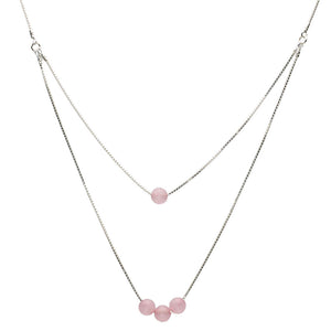 One-to-Two Strand Rose Quartz Stone Beads Sterling Silver Box Chain Necklace, 17 inches+2 inches Extender