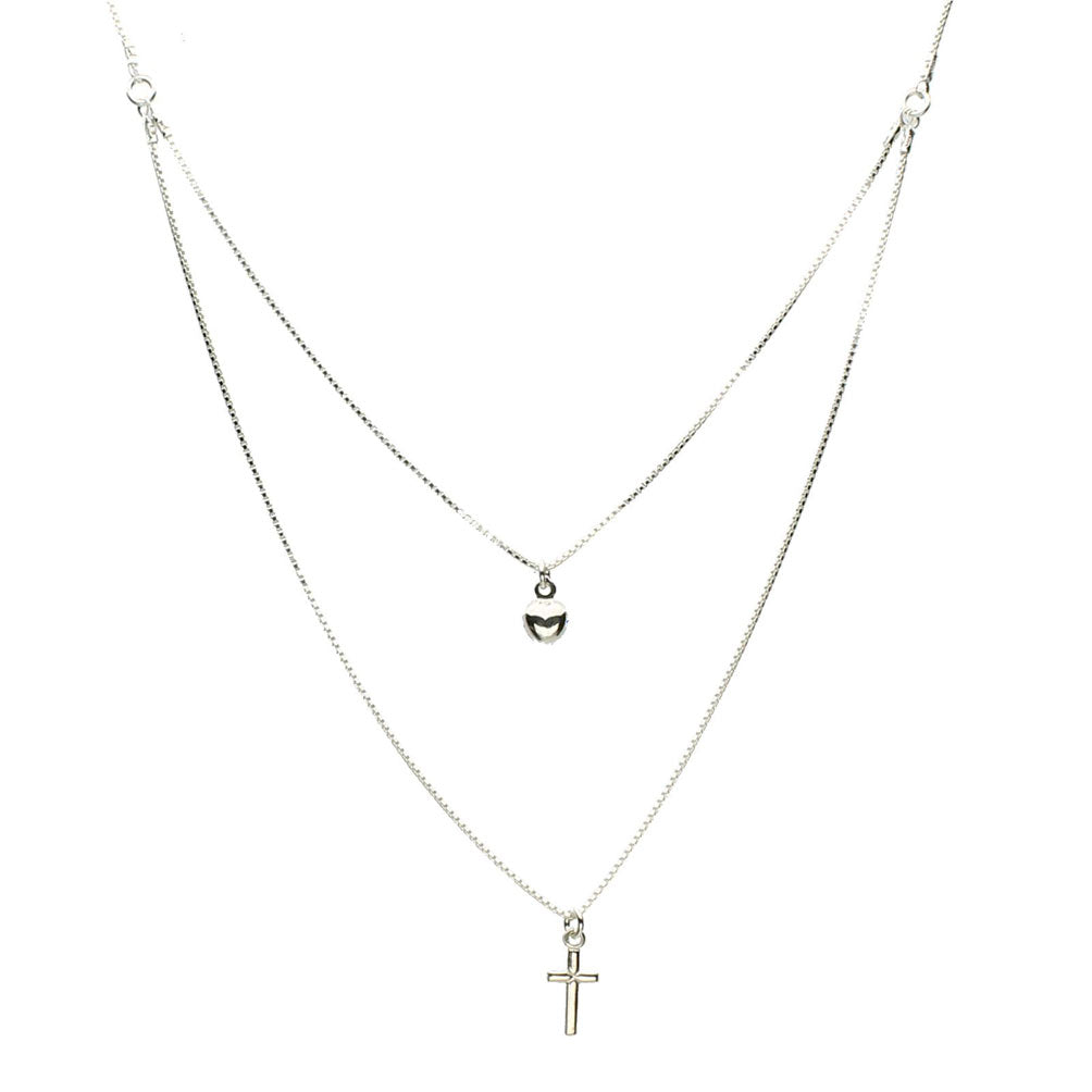 Sterling Silver One-to-two Strand Tiny Cross Heart Charm Box Chain Necklace Italy 16 inches+2 inches Extender