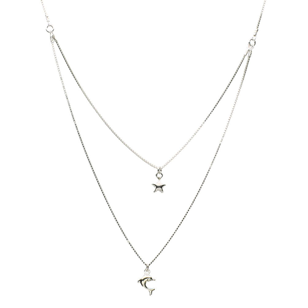 Sterling Silver One-to-two Strand Tiny Star Dolphin Charm Box Chain Necklace Italy 16 inches+2 inches Extender