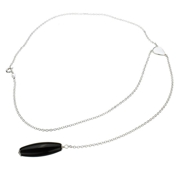 Sterling Silver Black Onyx Stone Long Oval Bead Linear 8 inches Drop Y-Shaped Cable Necklace, 17.5 inches