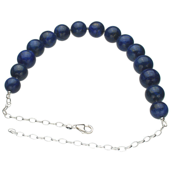 16mm Blue Lapis Stone Beads Sterling Silver Chain Necklace, 18 inches Adjustable