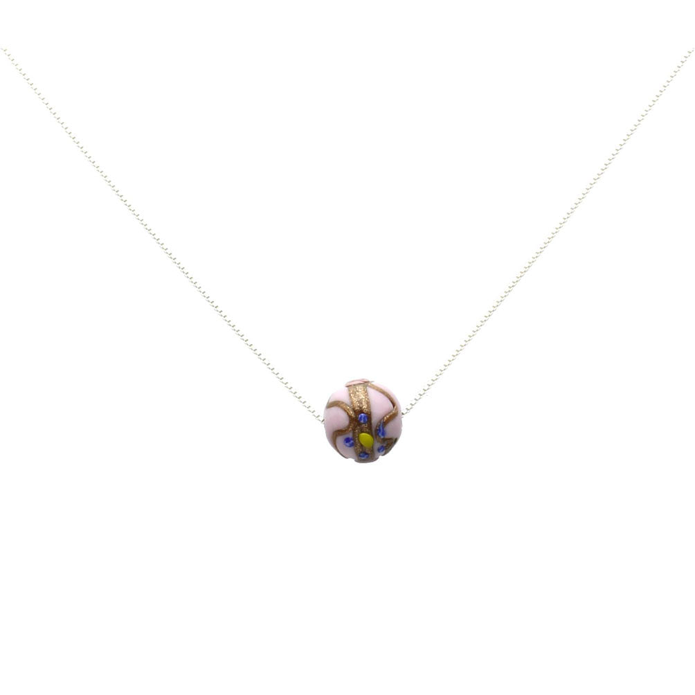 Floating Round 12mm Pink Murano-style Glass Bead Station Sterling Silver Box Chain Necklace 16 inches+2 inches