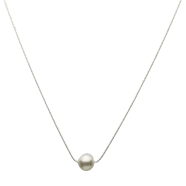 Floating Sterling Silver Chain Round 10mm Crystal Simulated Pearl Necklace 16 inches+2 inches 
