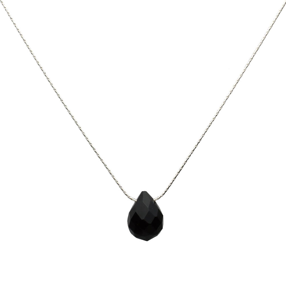 Sterling Silver Chain Faceted Black Glass Briolette Necklace