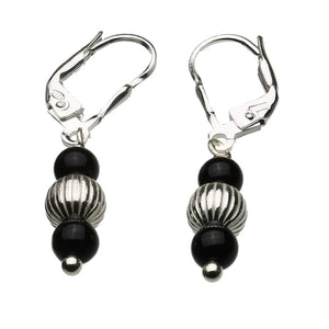 Sterling Silver Leverback Earrings Corrugated Beads Black Onyx